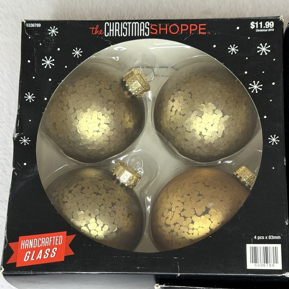 12 The Christmas Shoppe Glass Ornaments 2011 Metallic Gold 3 Boxes Lot EUC